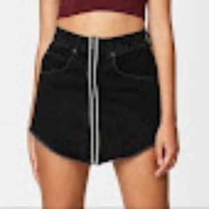 CARMAR Size 26 Black Denim Mini Skirt Full Zip Front Raw Hem Reflective Stripes